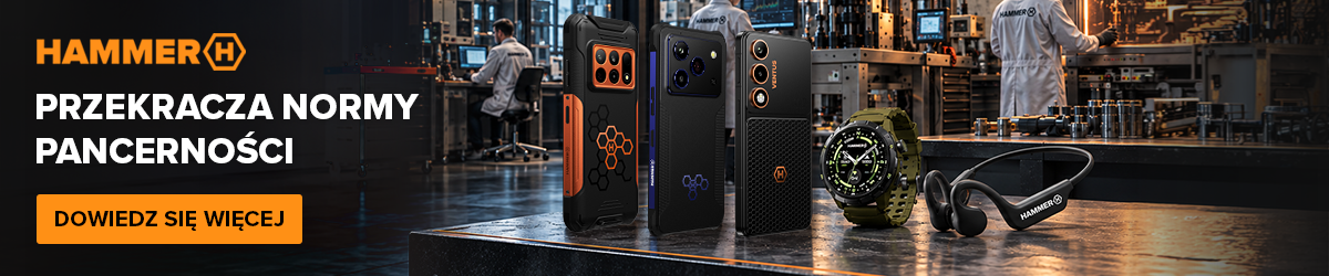 Smartfony HAMMER CONSTRUCTION 3 THERMAL 5G, BLADE 6 PRO 5G i VENTUS 5G oraz smartwatch i słuchawki HAMMER na tle laboratorium