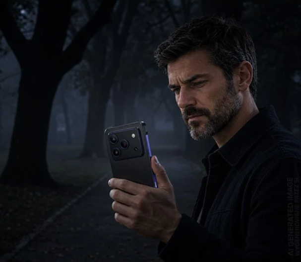 Mężczyzna używa HAMMER BLADE 6 PRO 5G do robienia zdjęcia noktowizją w ciemnym lesie