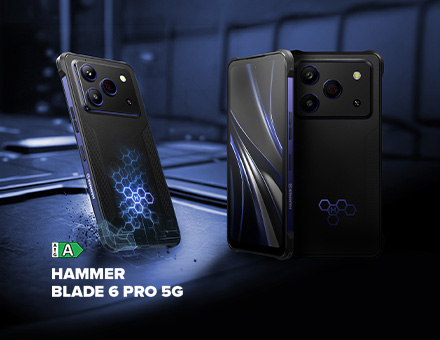 HAMMER BLADE 6 PRO 5G w czarnej obudowie z niebieskim wzorem plastra miodu, wizualizacja wzmocnionej konstrukcji i odporności na uderzenia