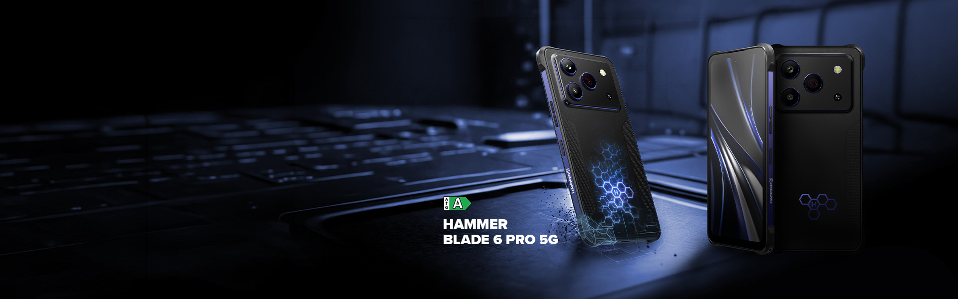 HAMMER BLADE 6 PRO 5G w czarnej obudowie z niebieskim wzorem plastra miodu, wizualizacja wzmocnionej konstrukcji i odporności na uderzenia