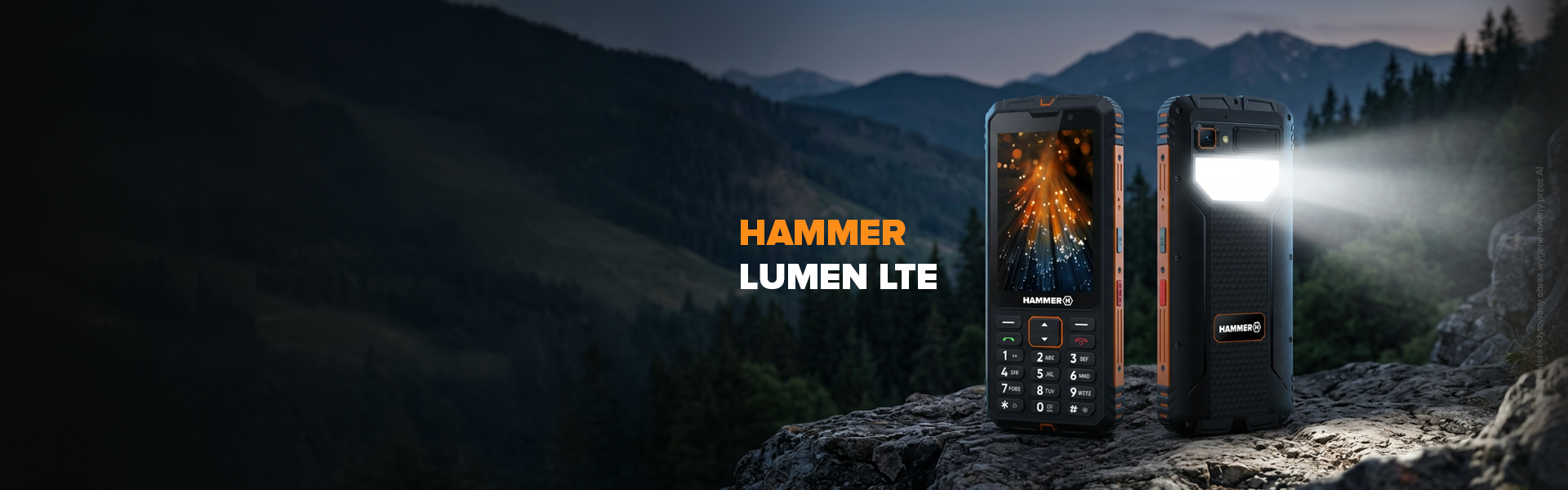 HAMMER LUMEN LTE, telefon pancerny z klawiaturą, pokazany z przodu i z tyłu z włączoną latarką na tle gór