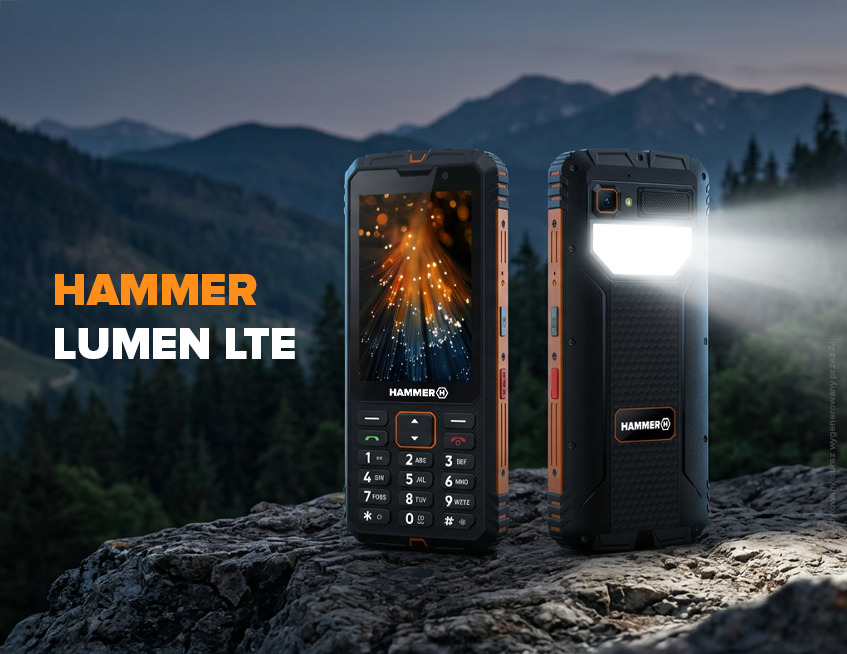 HAMMER LUMEN LTE, telefon pancerny z klawiaturą, pokazany z przodu i z tyłu z włączoną latarką na tle gór