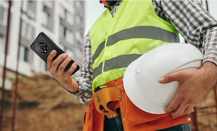 HAMMER Iron 6  w ręku budowlańca z białym kaskiem. Blok mieszkalny w tle. 